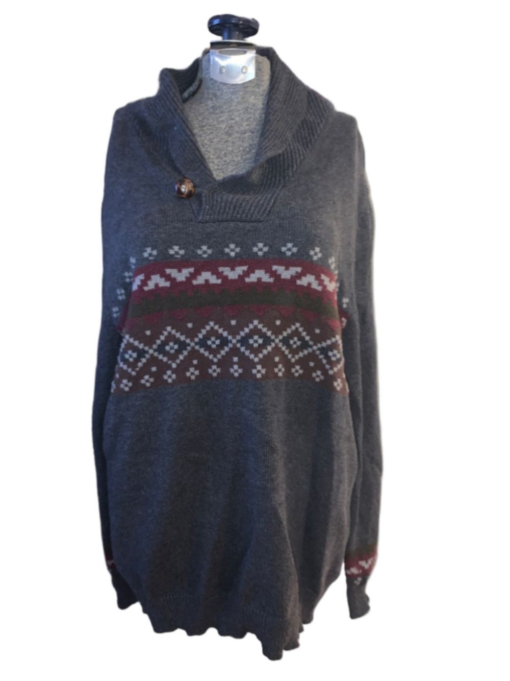 Men's Haggar Crewneck Sweater Large Grey Maroon Patterned Shawl Collar